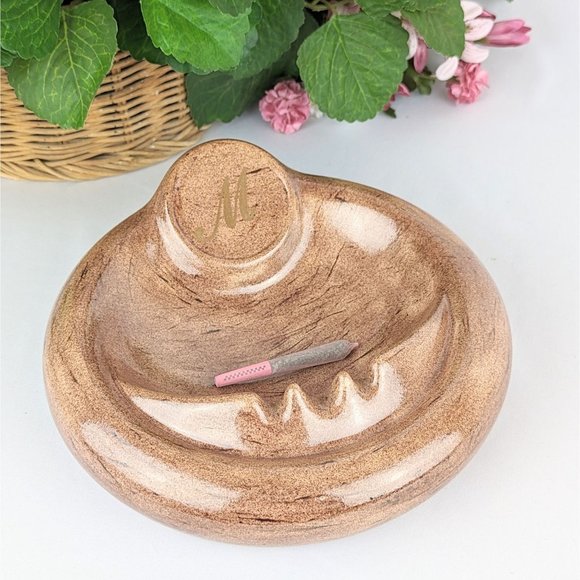Large 9" Round Tan Ceramic Ashtray Gold Monogram M Dresser Cigar Bowl Catchall - Picture 1 of 10